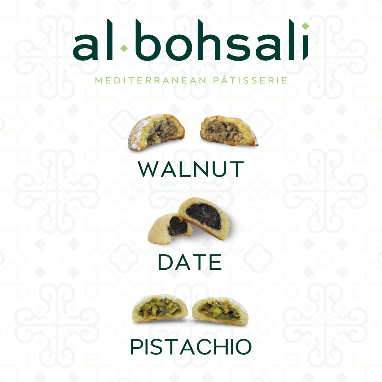 Al Bohsali Maamoul Pistachio, Walnut, And Date Filled Shortbread Cookies - 24Pc (8 Of Each)