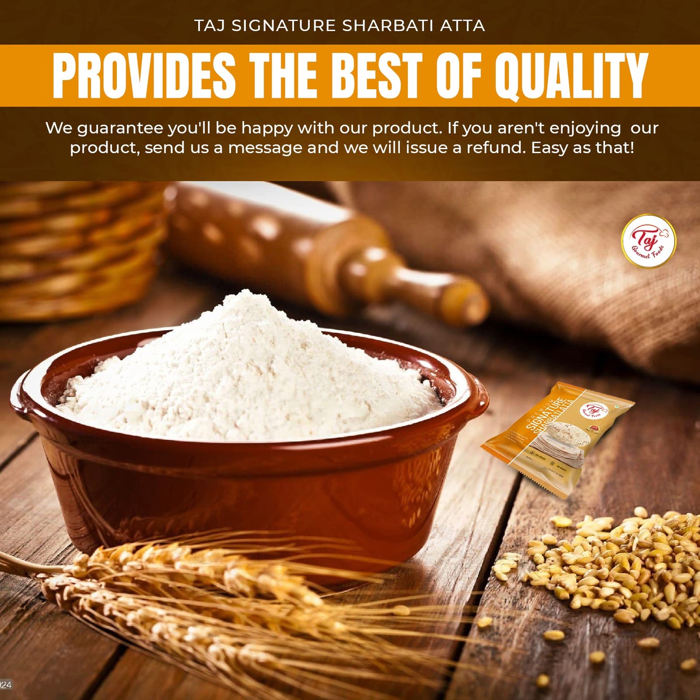 Taj Signature Sharbati Atta, 4Lbs (Chakki Atta - Stone Ground) 100% Whole Wheat Flour, Chappati Flour