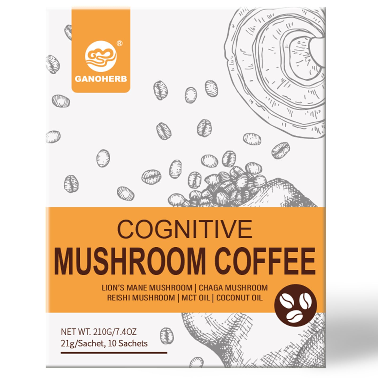 Ganoherb Cognitive Mushroom Coffee, Instant Arabica Latte Coffee Powder With Mushroom Blend - Lion’S Mane, Reishi & Chaga For Better Focus And Immune Support, 10 Sachets