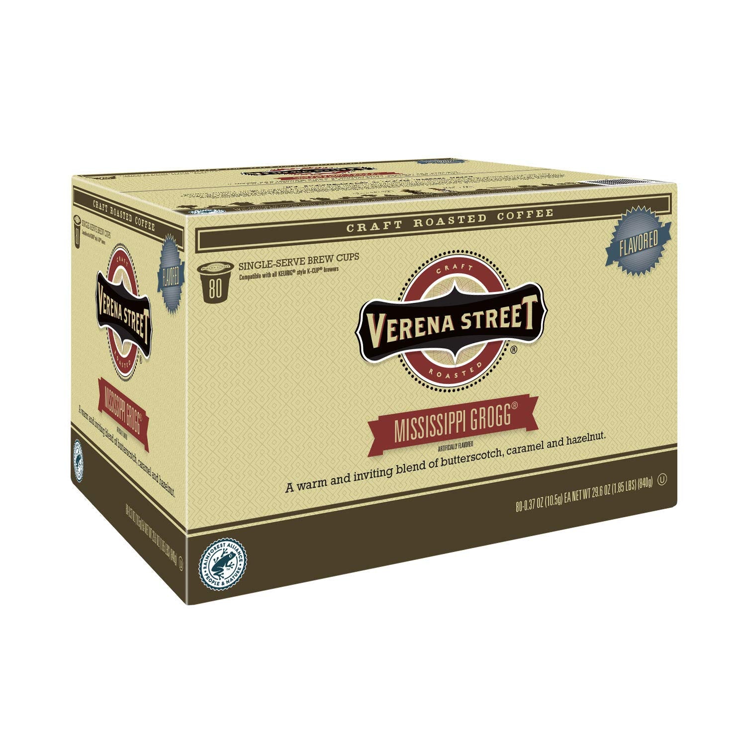 Verena Street Flavored Coffee Pods, Mississippi Grogg, Rainforest Alliance Certified, 80 Count, Model MG80ct
