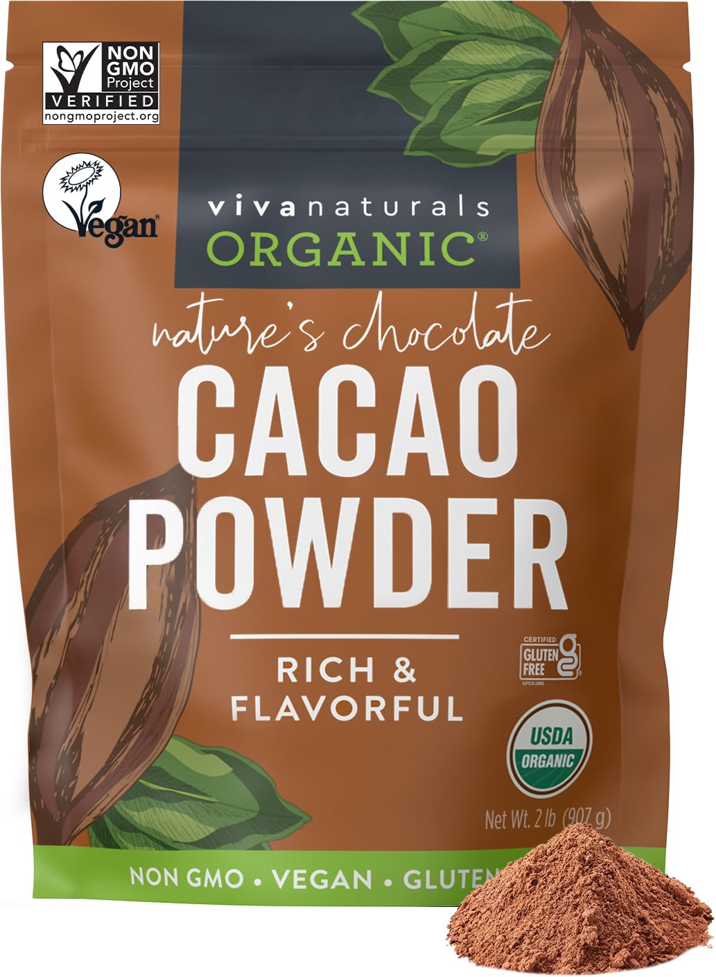 Viva Naturals Organic Cacao Powder, Unsweetened, 2 lb, Vegan, Keto, Gluten-Free