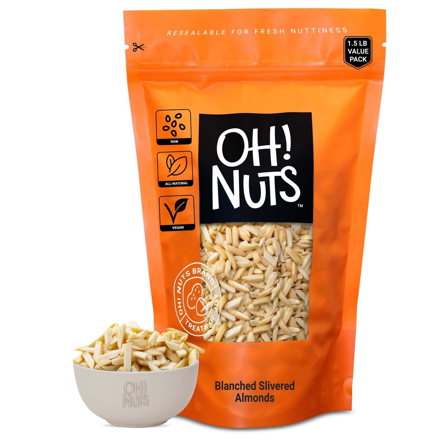 Oh! Nuts Blanched Slivered Almonds, Raw Unsalted, 24oz Bulk Bag, High Protein, Low Sodium, Dairy & Sugar Free