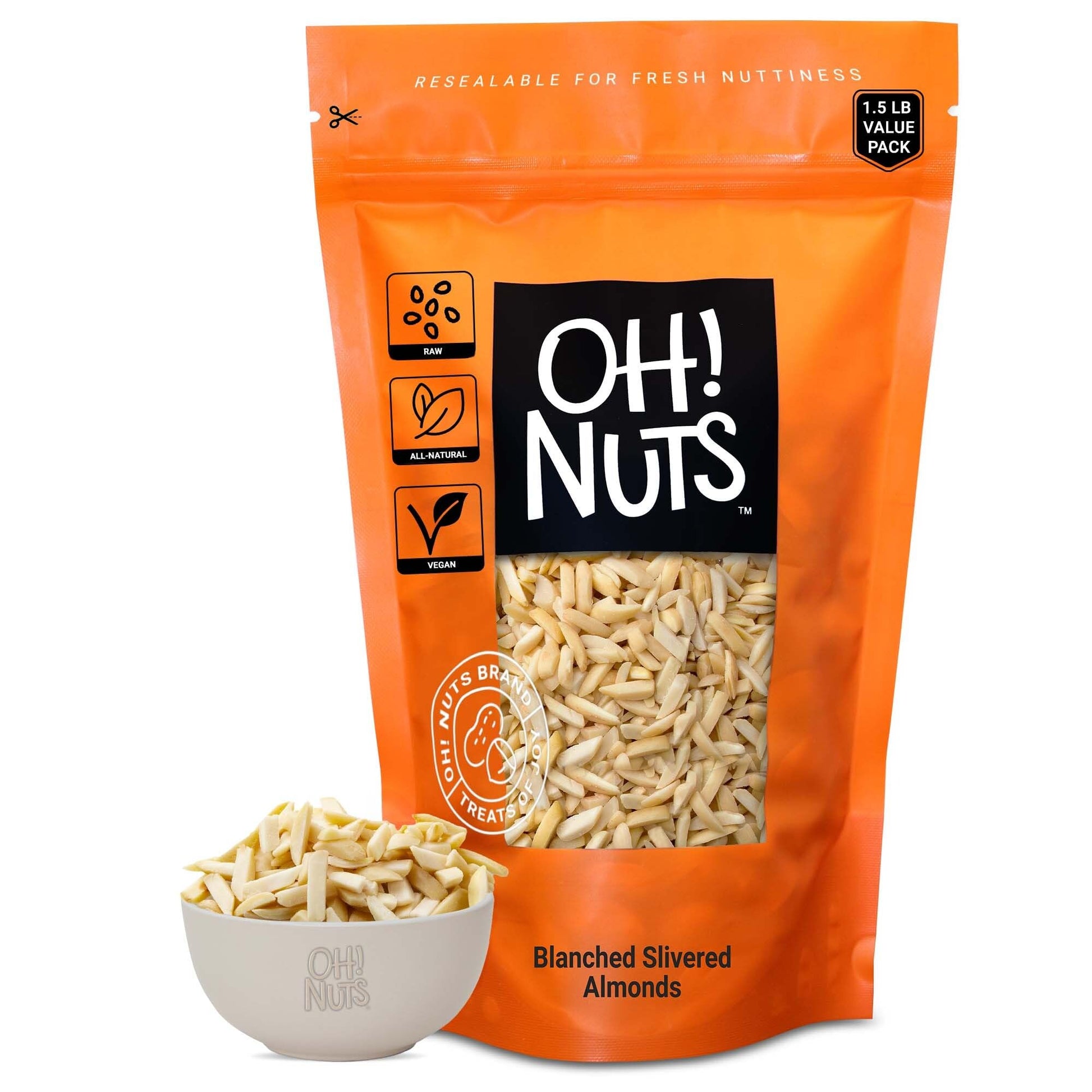 Oh! Nuts Blanched Slivered Almonds, Raw Unsalted, 24oz Bulk Bag, High Protein, Low Sodium, Dairy & Sugar Free