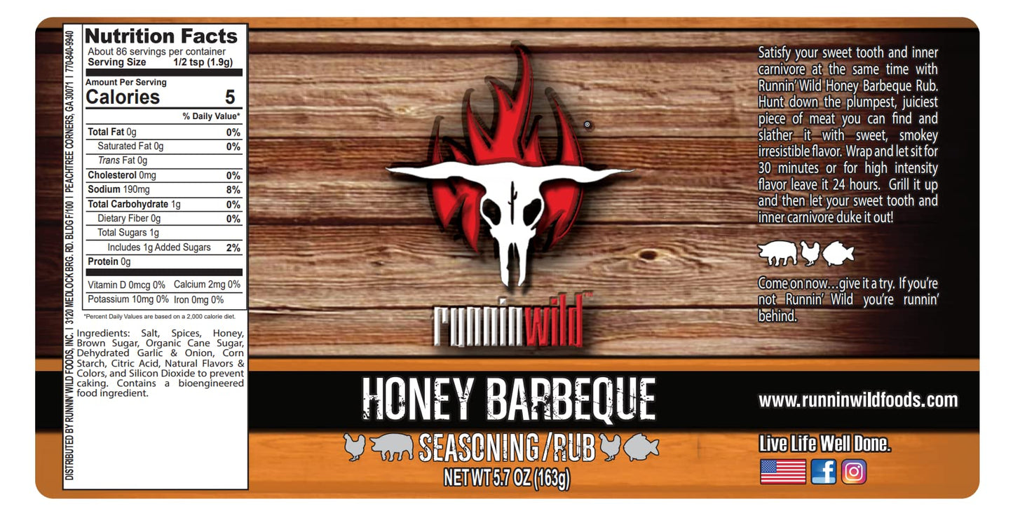 Runnin Wild Gourmet Honey BBQ Rub & Seasoning, 5.7 oz - Perfect for Pork, Chicken, Ribs & Salmon