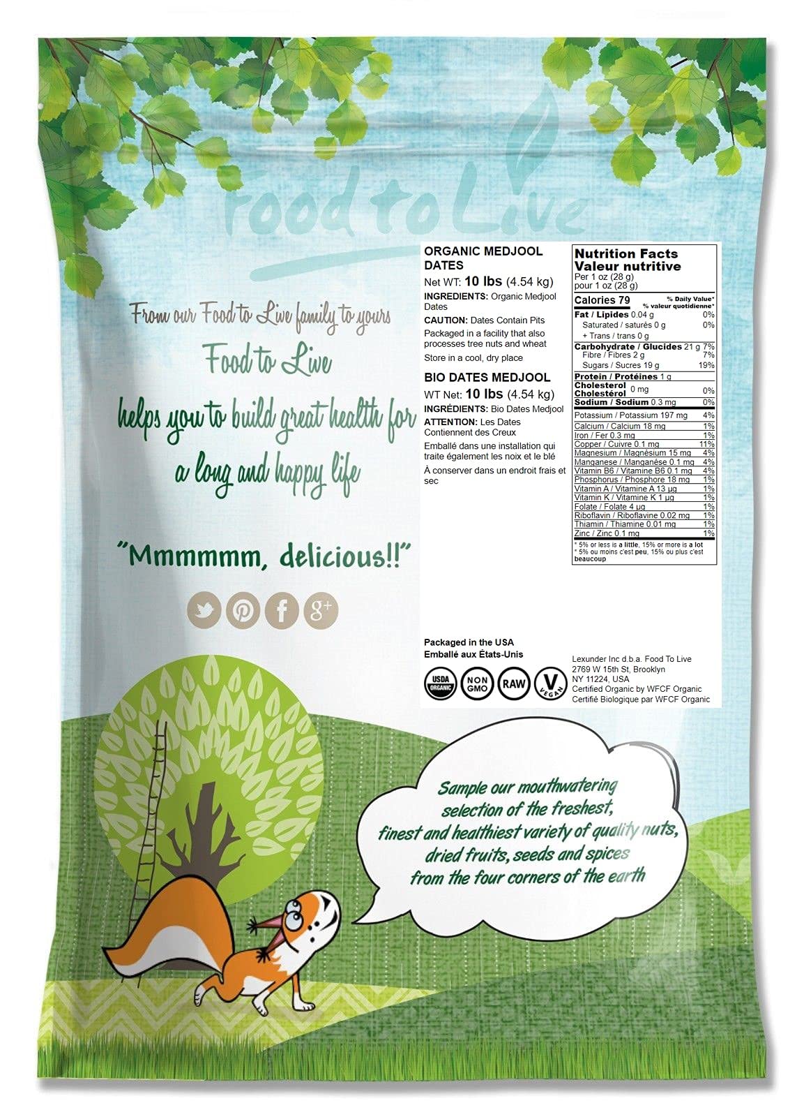 Food To Live Organic Medjool Dates, 10 Pounds - Non-Gmo, Whole Dried Dated Pits, Large Size, Unsweetened, Unsulphured, Vegan, Si