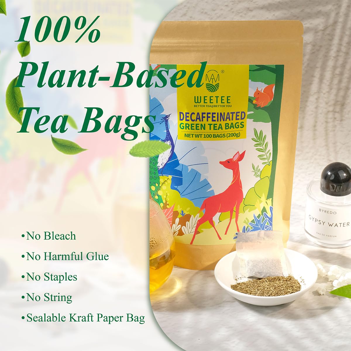 Wt Weetee Decaf Green Tea Bags, 100 Count Co2-Decaffeinated Green Tea, Drink All Day | Super Antioxidant | Resealable Kraft Bag