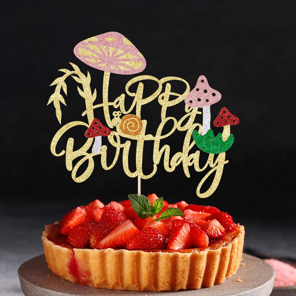 Yetxel Mushroom Cake Topper - Glitter Gold, Paper, 5.8 x 6.6 inches, Red, Regus Model - Birthday Party Decorations for Boys & Girls