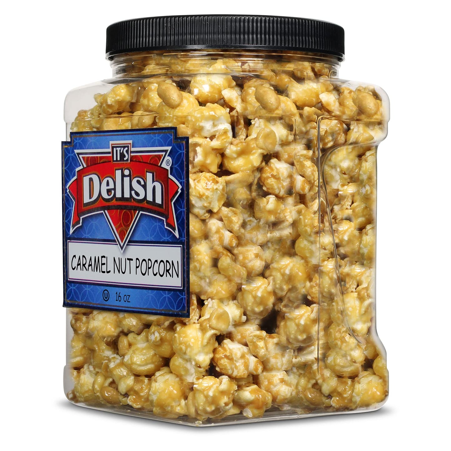 Gourmet Caramel Nut Popcorn with Peanuts by Its Delish, 16 OZ Jumbo Container - Caramel Air Popped Sweet Crunchy Glazed Carmel C