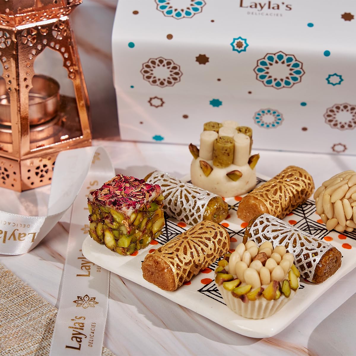 Laylas Delicacies Mediterranean Treats Gift Box For Ramadan Mubarak - Handmade Healthy Mixed Nutty Flavors Pastries - Halal, Veg