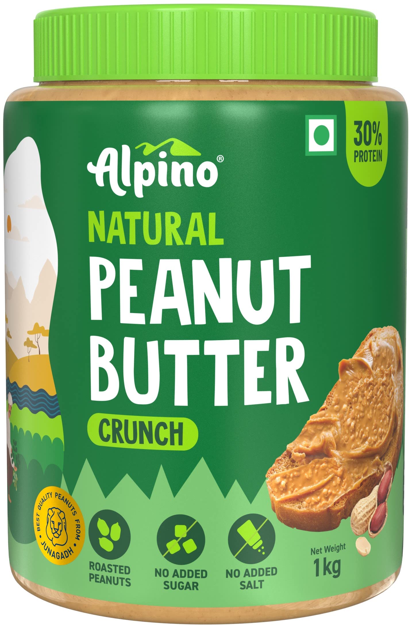 Alpino Natural Peanut Butter Crunch 1Kg - 100% Roasted Peanuts - 30G Protein, No Added Sugar & Salt, Non-Gmo, Gluten Free, Vegan