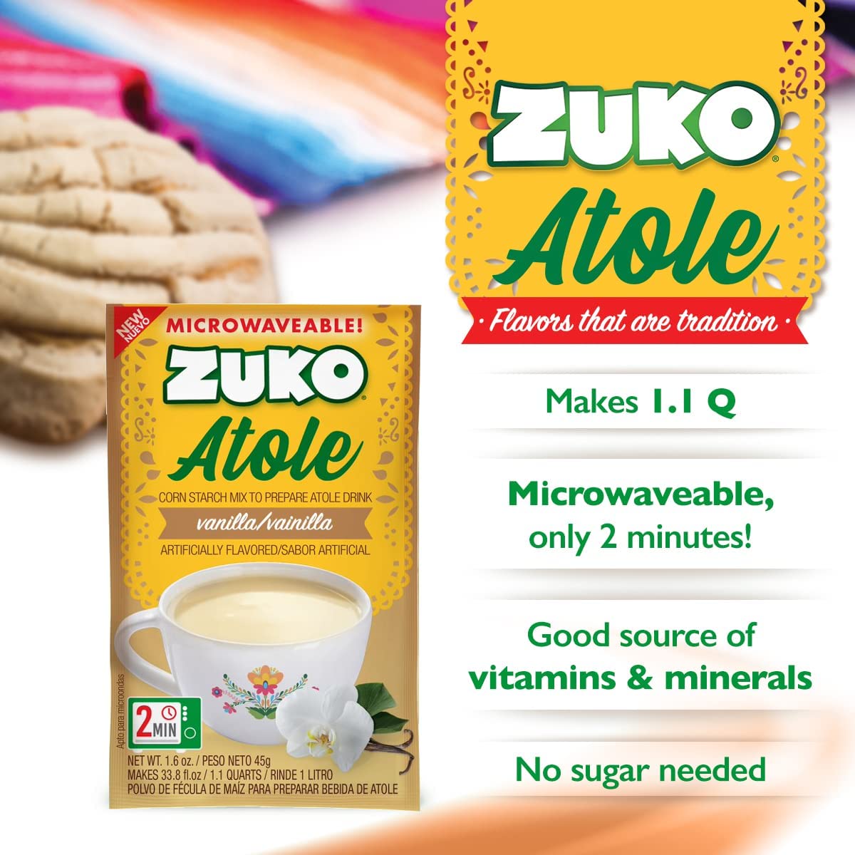 Zuko Atole Vanilla Instant Corn Starch Mix | Fortified with Vitamins | Just Add Hot Water | Microwaveable In Only 2 Minutes | 1.