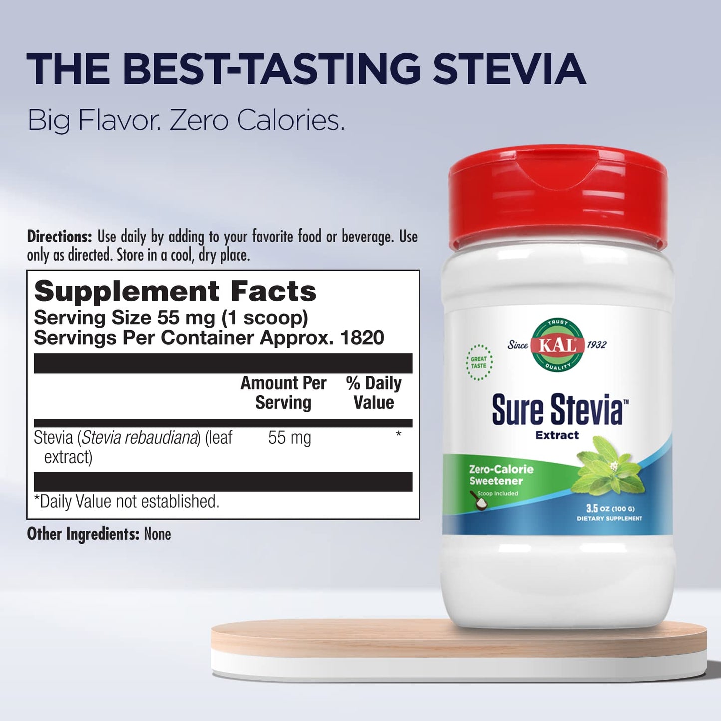 KAL Sure Stevia Extract Powder, Low Carb, Plant Based Stevia Sweetener, Great Taste, Zero Calories, Zero Sugar, Low Glycemic & P