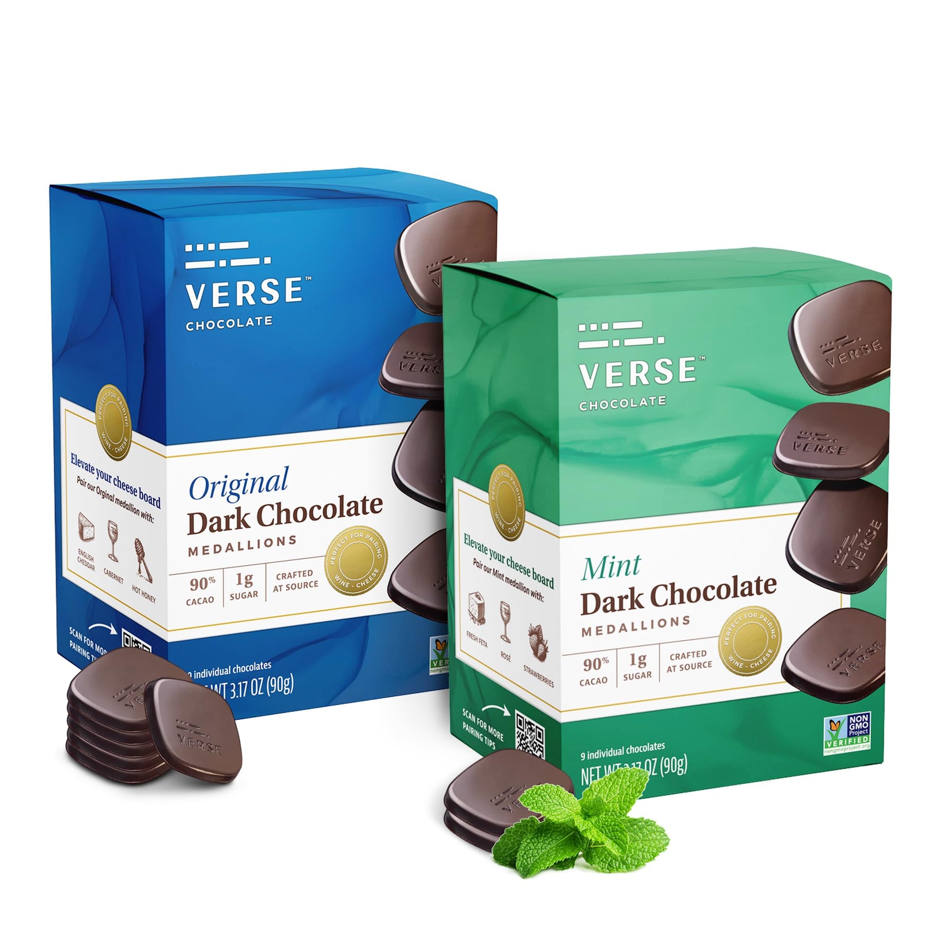 Verse Dark Chocolate Squares Variety Pack - Oriflavor Blendal And Mint W/ 1G Cane Sugar  High Cacao - Top-Grade Dark Chocolates - Individually Wrapped Chocolate Squares (9 Count  2 Pack)