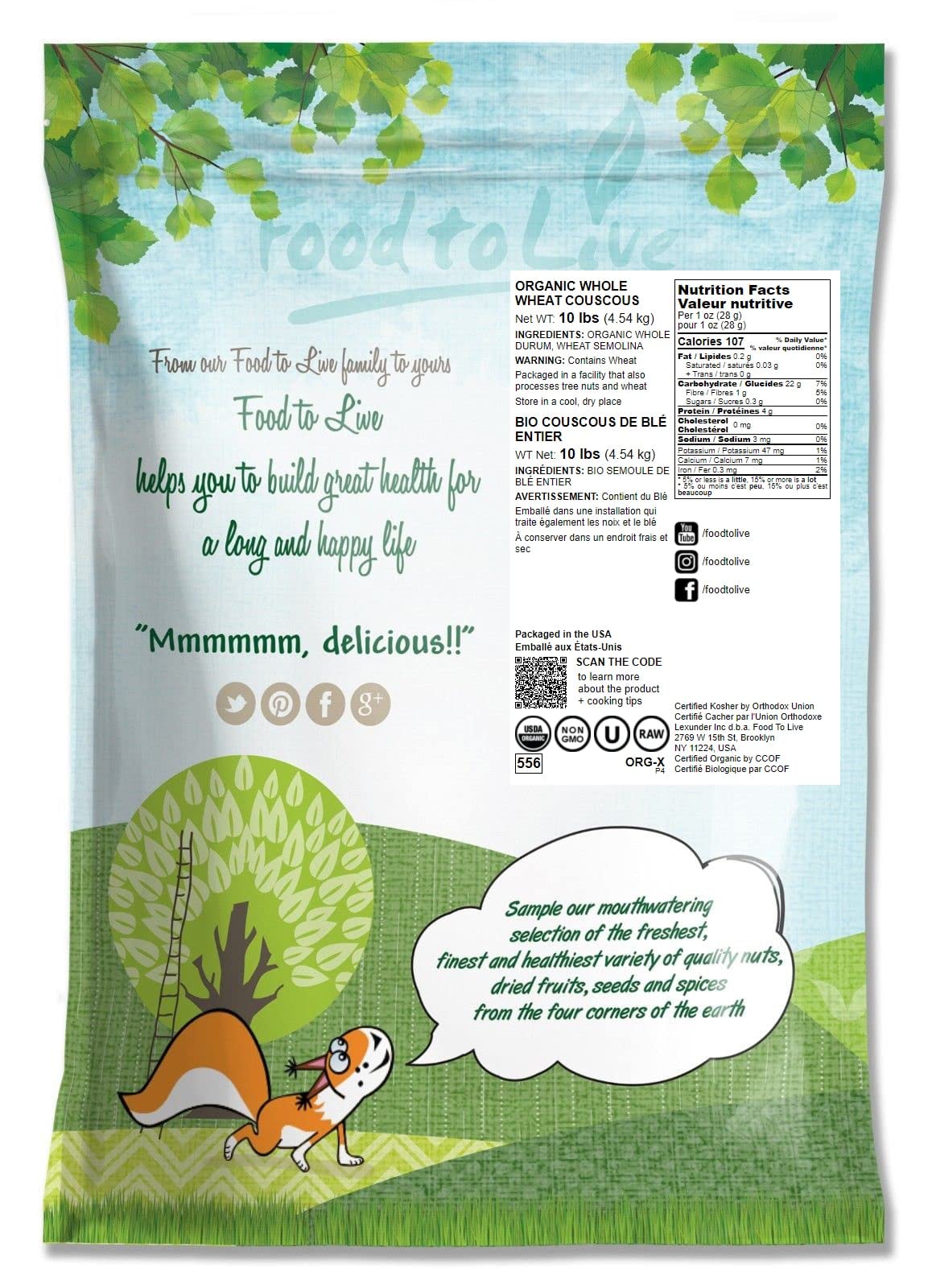 Food To Live Organic Whole Wheat Couscous, 10 Pounds - Non-Gmo, Kosher, Raw, Vegan, Bulk