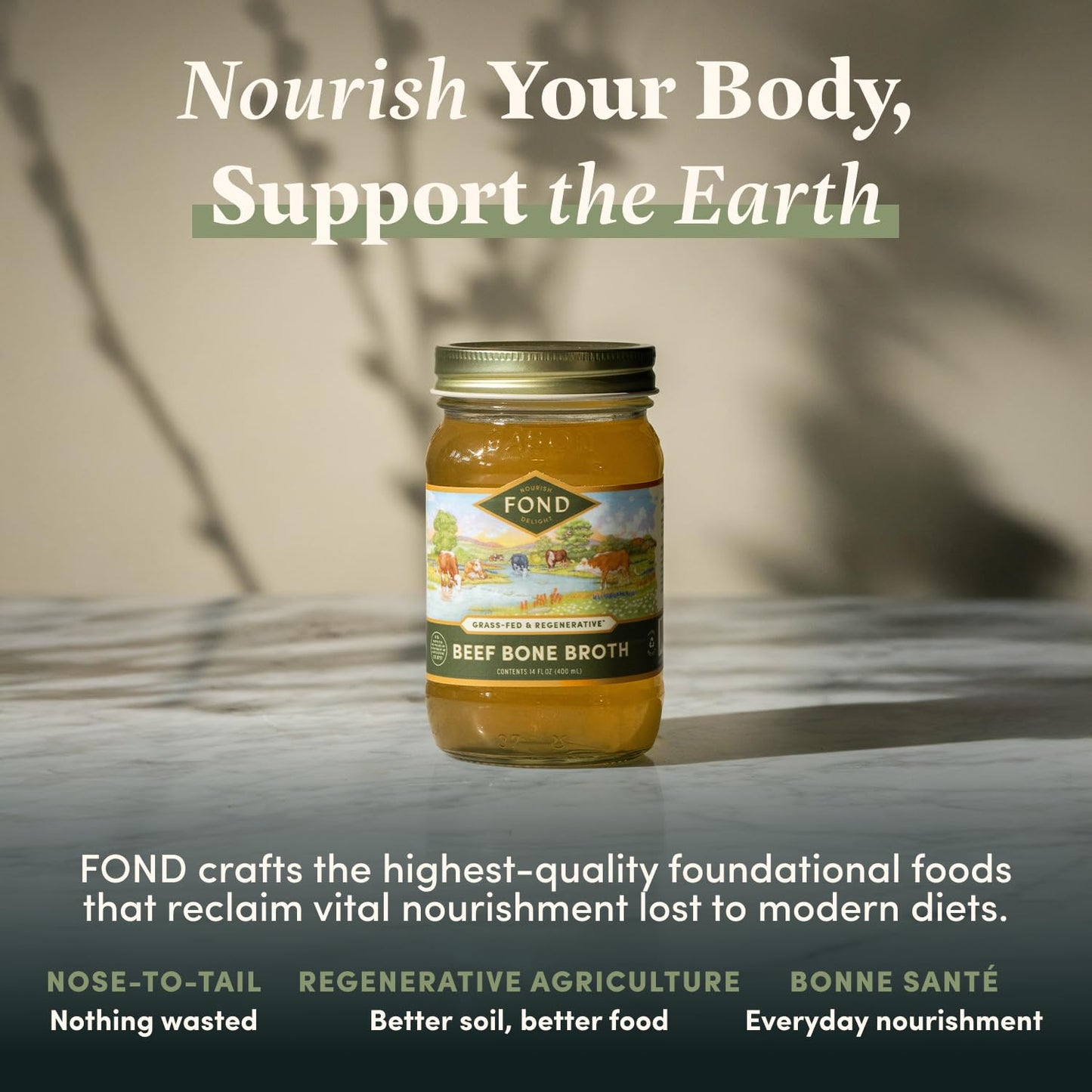 FOND Regenerative Grass Fed Beef Bone Broth - Slow-Simmered Beef Broth for Rich and Nourishing Flavor  Nutrient-Dense  Artisan Quality - Pure & Unflavored  14 oz (4-Pack)