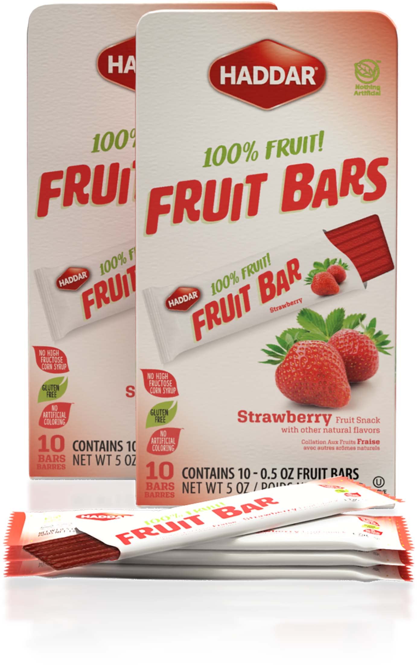 Haddar Strawberry Fruit Leather Bars, 100% Real Fruit, Gluten Free, 2 Pack (20 Bars)