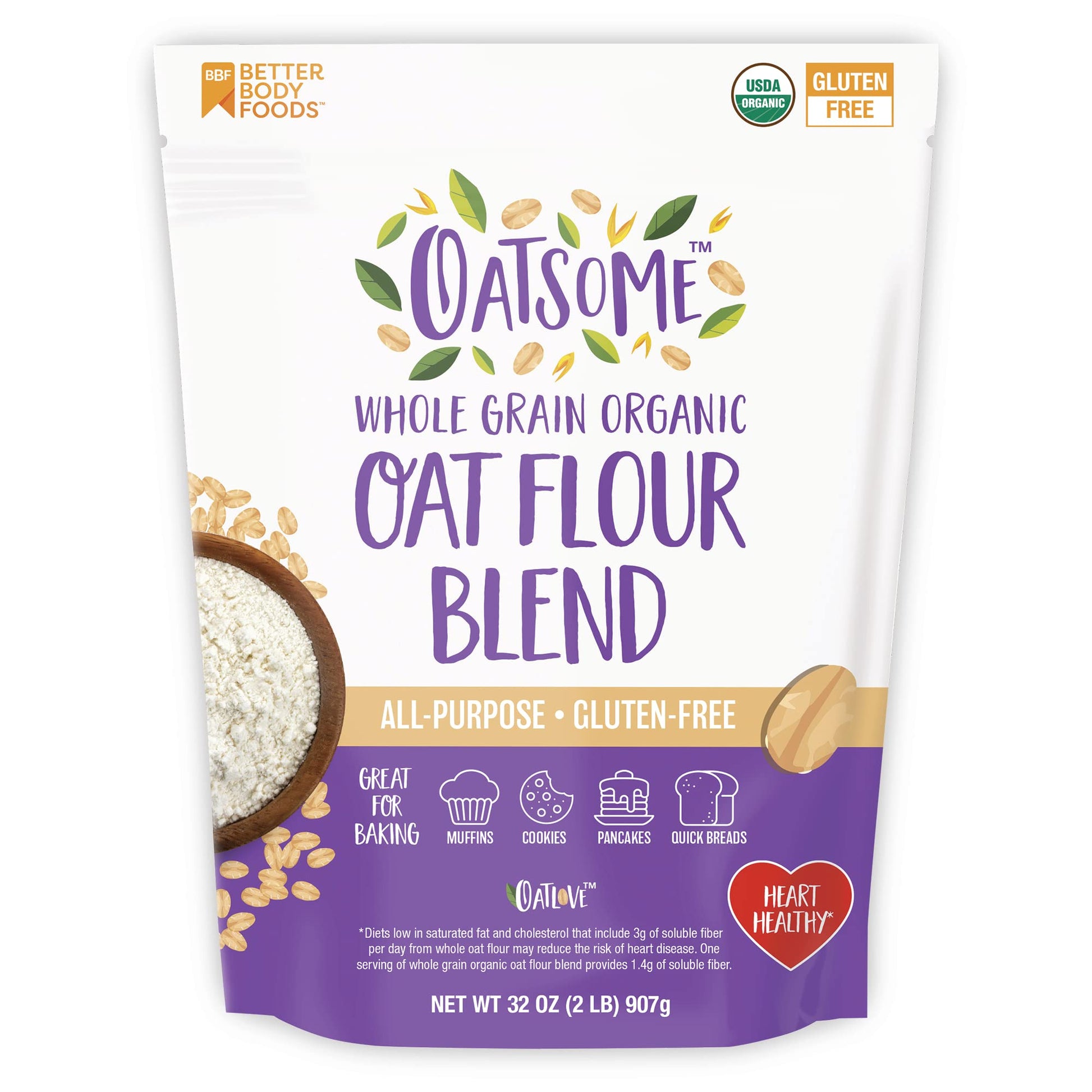 Oatsome Organic Oat Flour Blend, Whole Grain, Gluten-Free, All Purpose Flour for Baking, Vegan, 2 lb, 32 oz