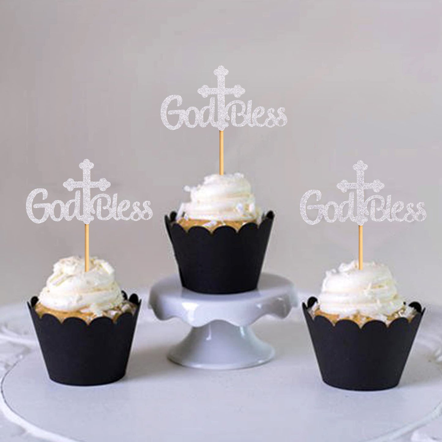 Ercadio Cupcake Toppers 36 Pack Silver Cross Glitter Baptism Decoration Small
