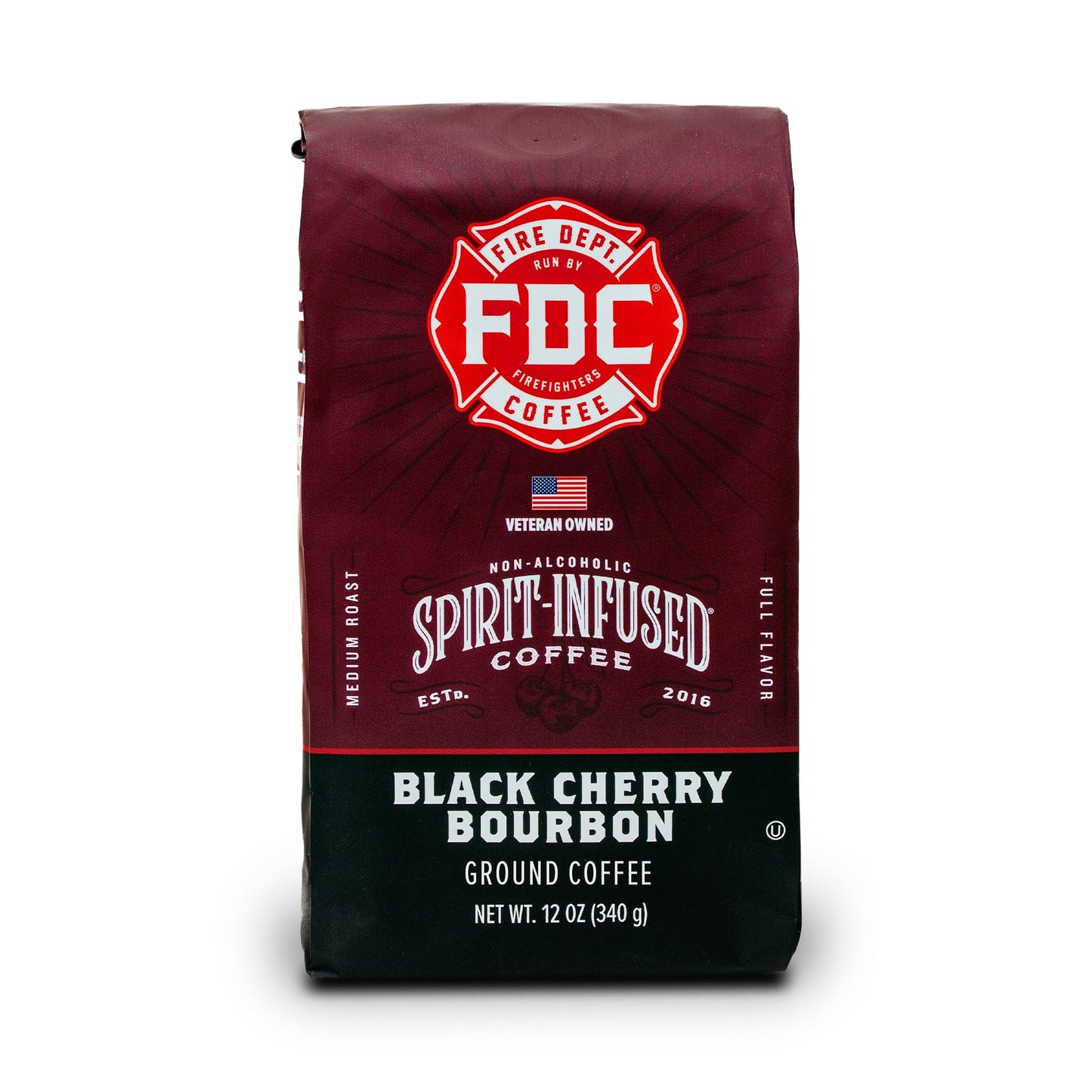 Fire Department Coffee Black Cherry Bourbon Coffee - Premium Ground - 12 oz - Non-Alcoholic - Veteran Owned - Roasted in the USA