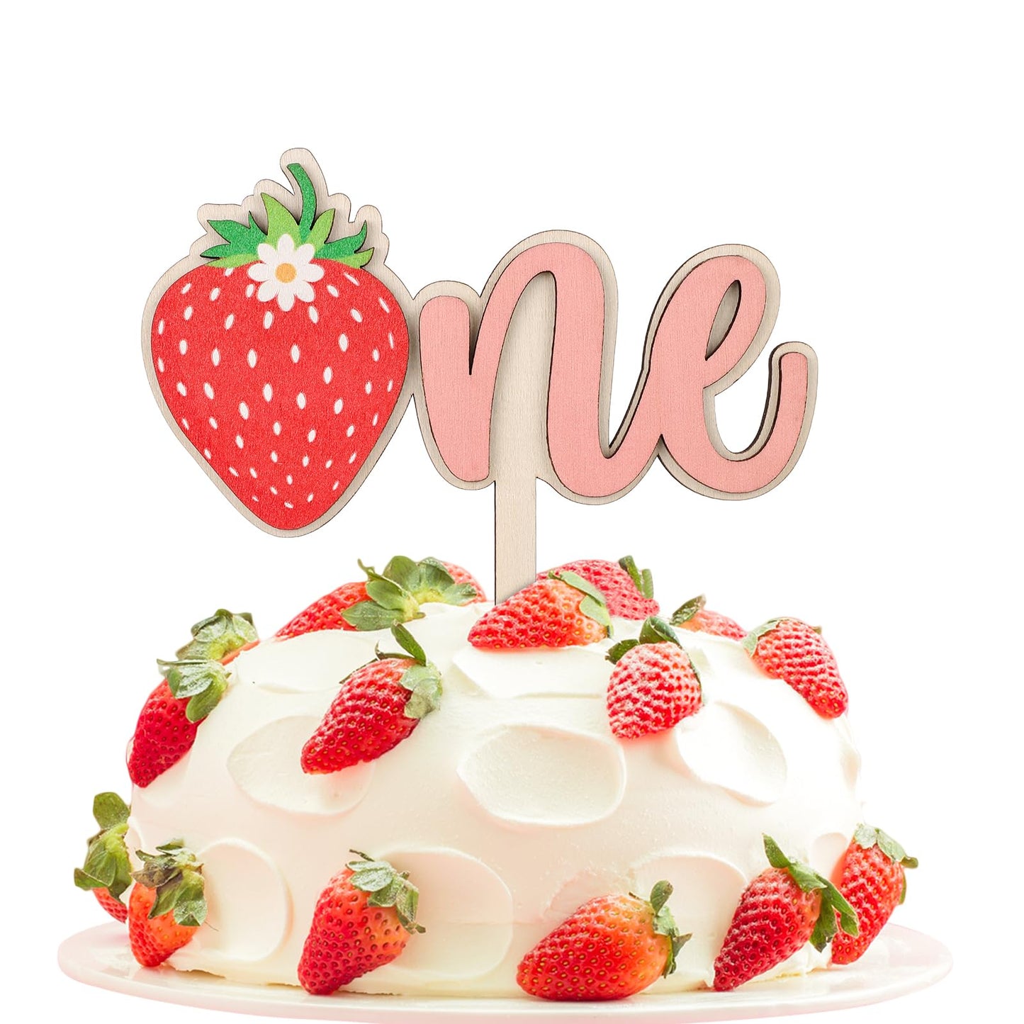PEUTIER Wooden Strawberry Cake Topper - Pink - 6.3 x 7.5 inches - Model 13113 - Perfect for First Birthday and Baby Shower Parties