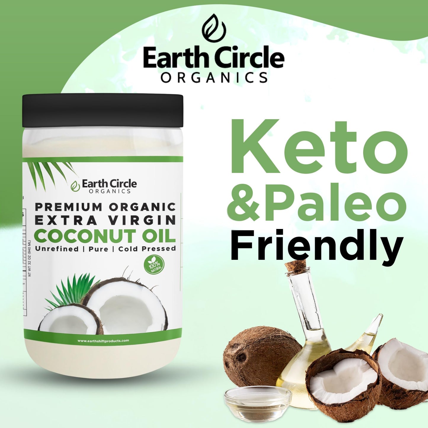 Earth Circle Organics Premium Ultra Pure Extra Virgin Organic Coconut Oil, Cold Pressed, Baking, Smoothies, Skin & Hair Care, Gl