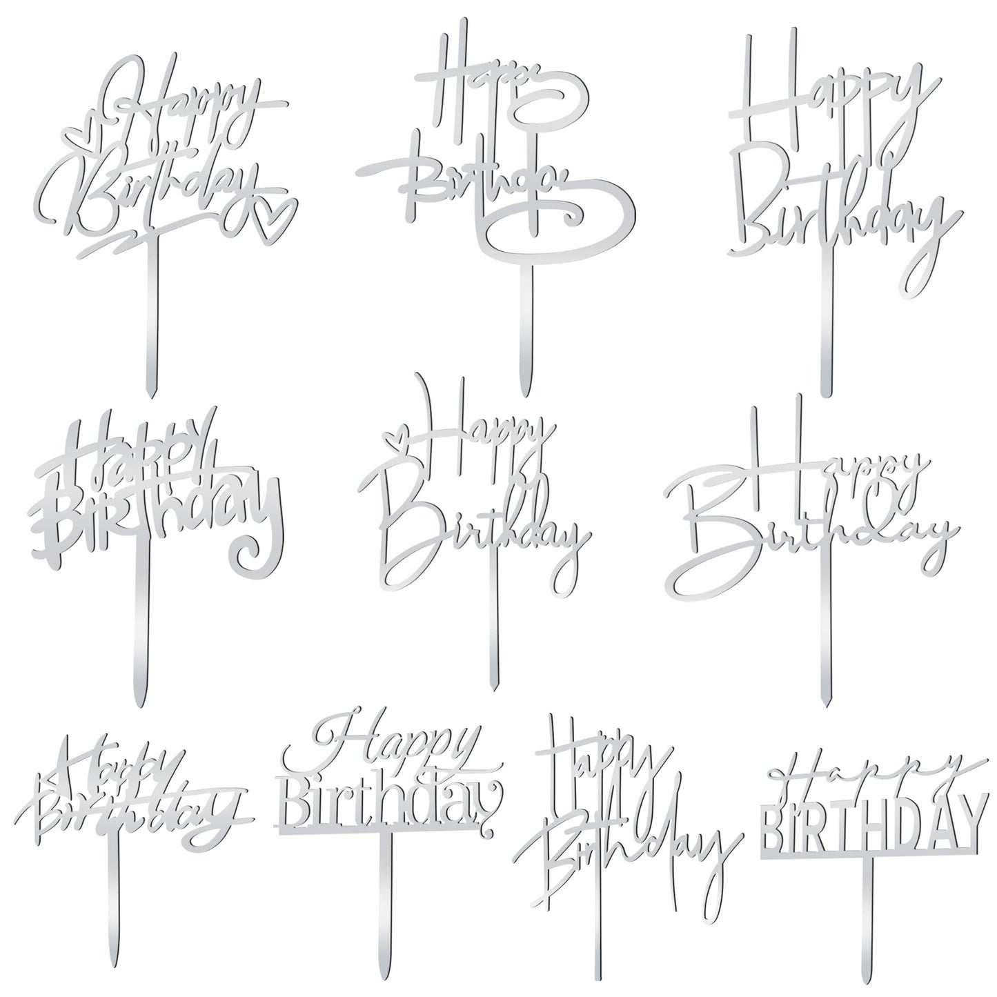 10 Pcs Silver Happy Birthday Cake Topper Acrylic Cupcake Topper Birthday Supplies Decorations