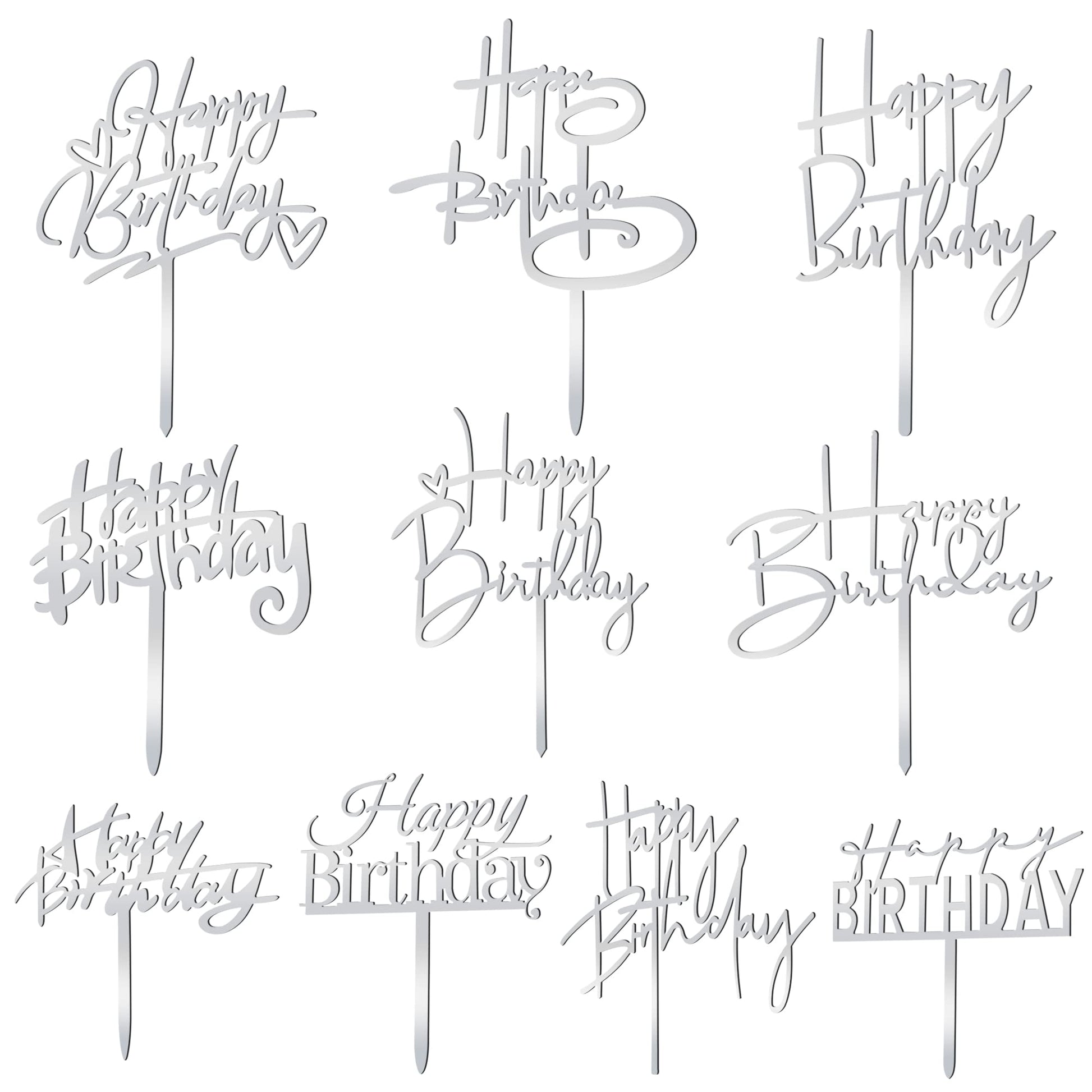 10 Pcs Silver Happy Birthday Cake Topper Acrylic Cupcake Topper Birthday Supplies Decorations