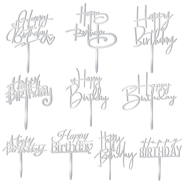 10 Pcs Silver Happy Birthday Cake Topper Acrylic Cupcake Topper Birthday Supplies Decorations
