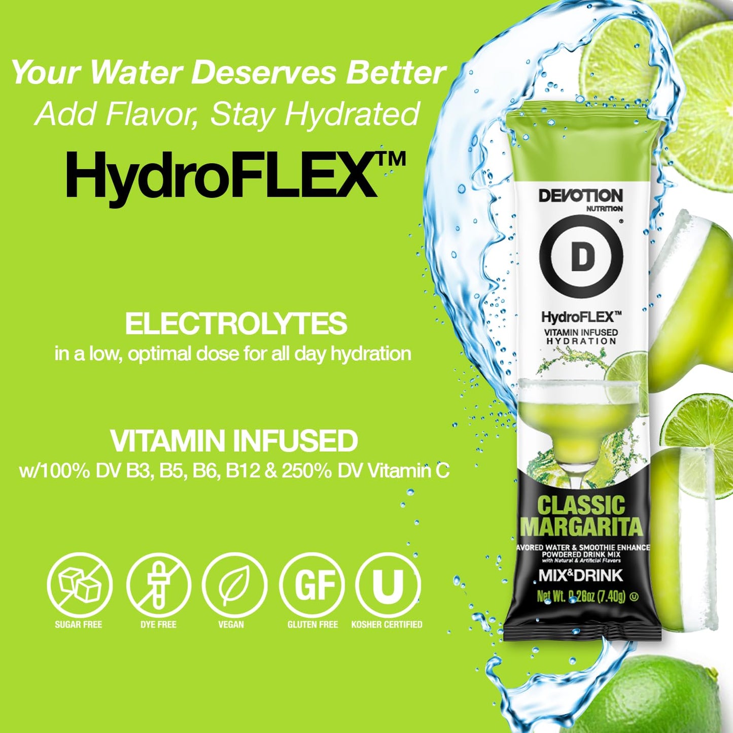 Devotion Nutrition HydroFLEX Sugar-Free Drink Mix, Classic Margarita, 12-Pack, 3.13 oz, Gluten-Free, Dye-Free Hydration with Vitamins & Electrolytes