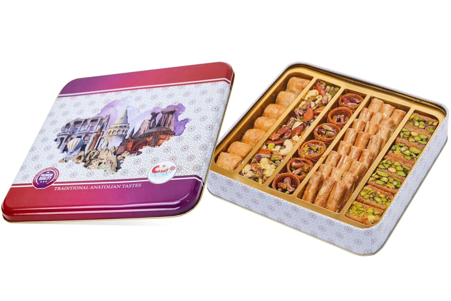 Sarah'S Candy Factory 1.1 Lb Assorted Premium Baklava Pastry Gift Box Halal Snacks, 500 Gr In A Metal Box Turkish Dessert Ideal