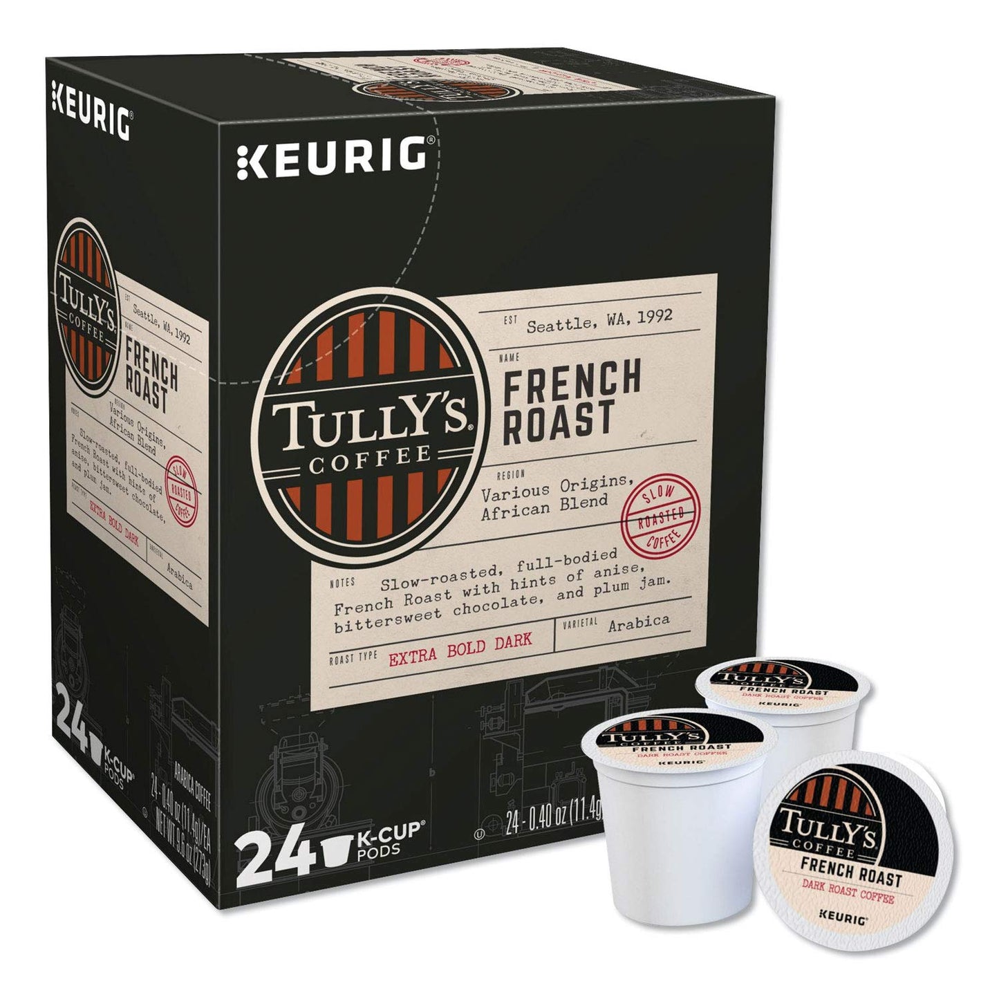 TULLYS Coffee Decaffeinated French Roast K-Cup Pods, Extra Bold, 24 Count, For Keurig malt-inspired, Coffee