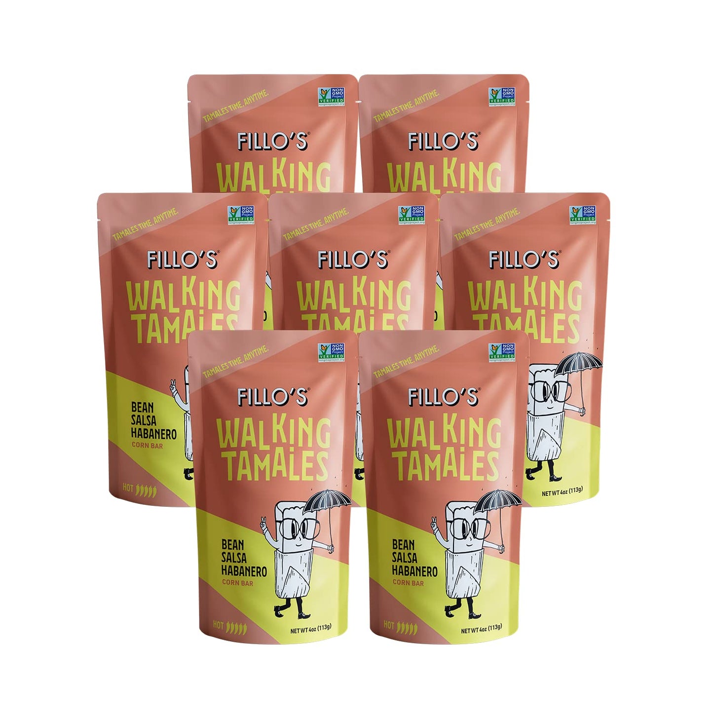 Fillos Walking Tamales, Bean Salsa Habanero, Pk of 7, Ready-to-Eat, Delicious, Gluten-Free, Preservative-Free, No Added Sugar, 