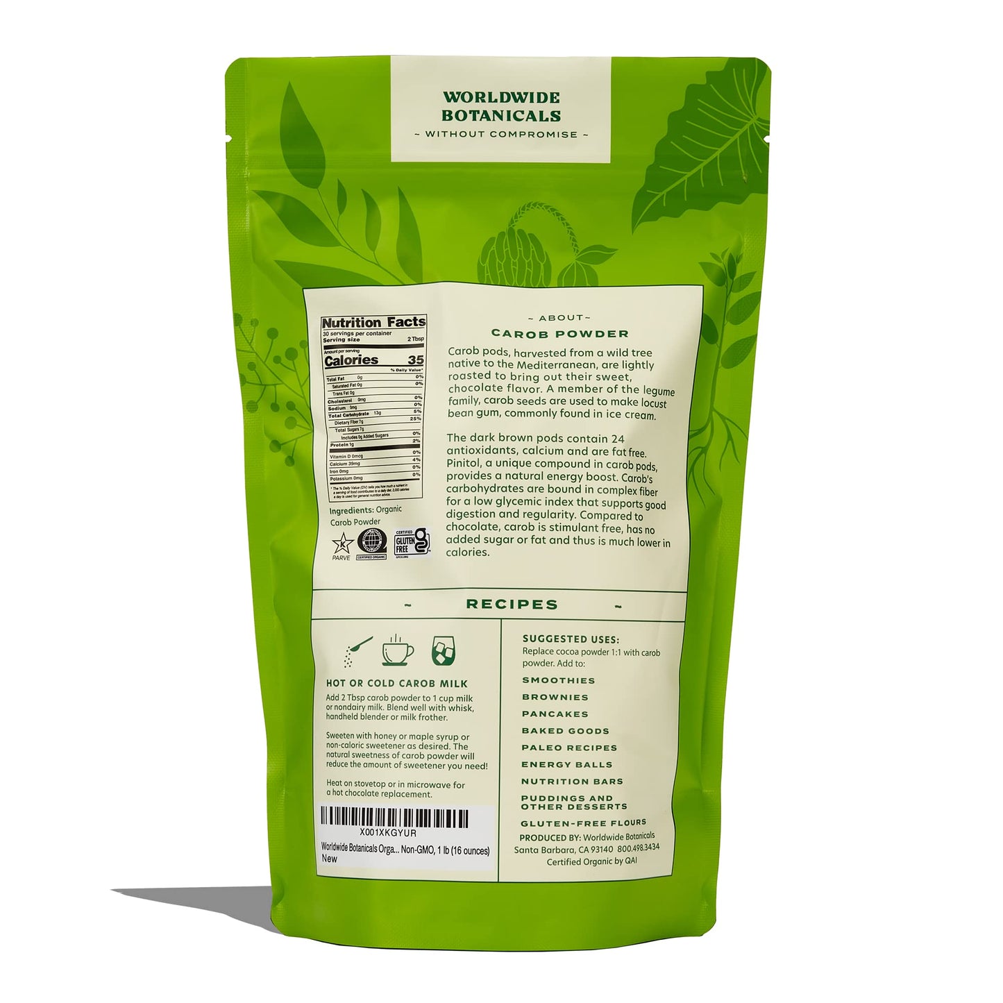Worldwide Botanicals Organic Carob Powder – Caffeine Free, Gluten Free – 1 lb – Low Fat Cocoa Alternative