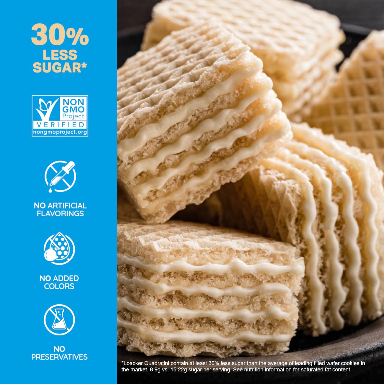 Loacker Quadratini Vanilla Wafer Cookies Large - 30% Less Sugar - Premium Crispy Bite Size Wafers With Vanilla Cream Filling - Resealable Family Pack - Non-Gmo - Sustainably Sourced Vanilla From Madagascar- Large Snack Bag 250G/8.82Oz, Multipack Of 6