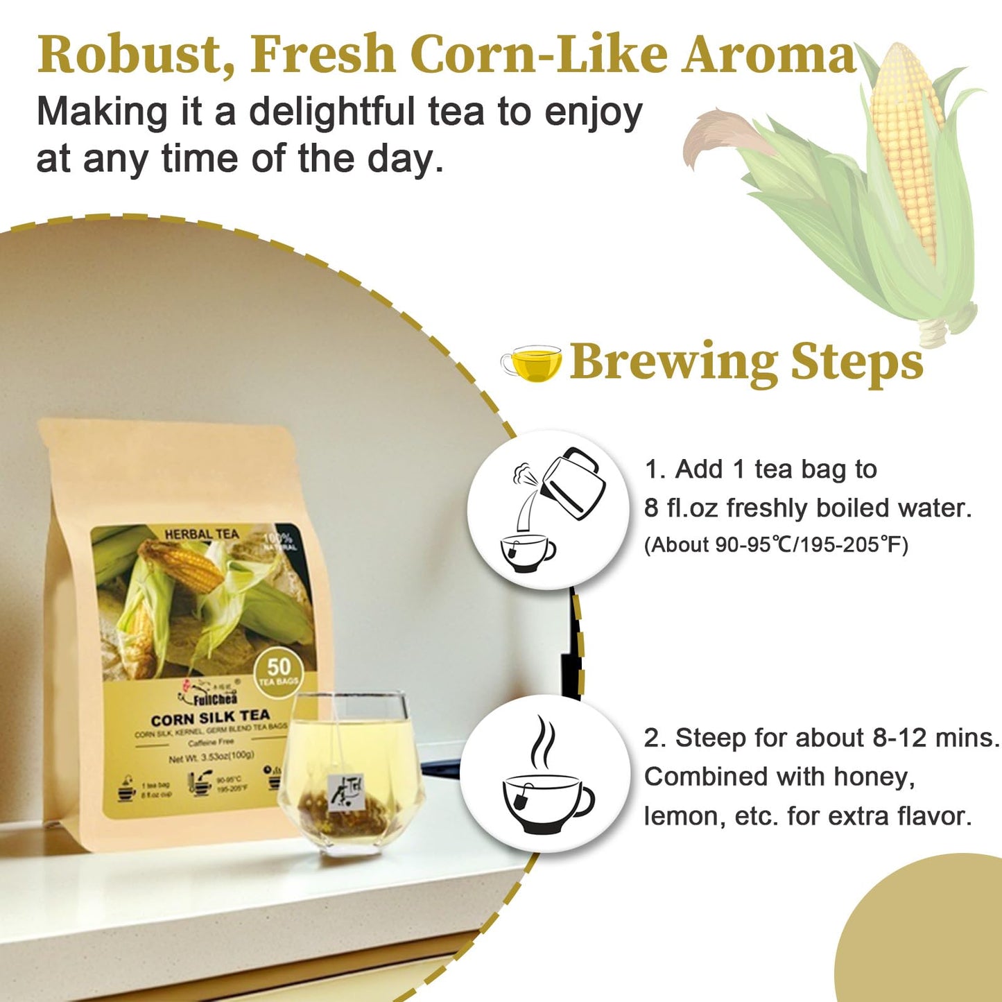 FullChea Corn Silk Tea Bags - 50 Count - Non-GMO, Caffeine-Free, Subtly Sweet Flavor, Supports Kidney & Aids Digestion
