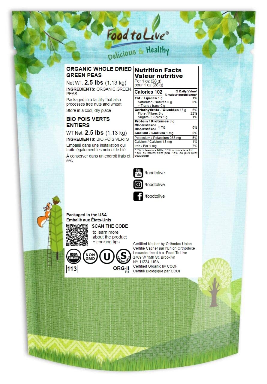 Food to Live - Organic Whole Dried Green Peas, 2.5 Pounds Non-GMO, Green Vatana, Sproutable, Vegan, Kosher, Bulk. Pre-Soak Neede