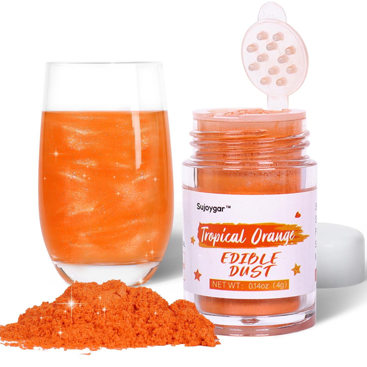 Orange Luster Dust Edible, Sujoygar Edible Glitter for Cocktails, 4g Shimmer Powder Drinks Glitter Edible Dust for Cake Decorati