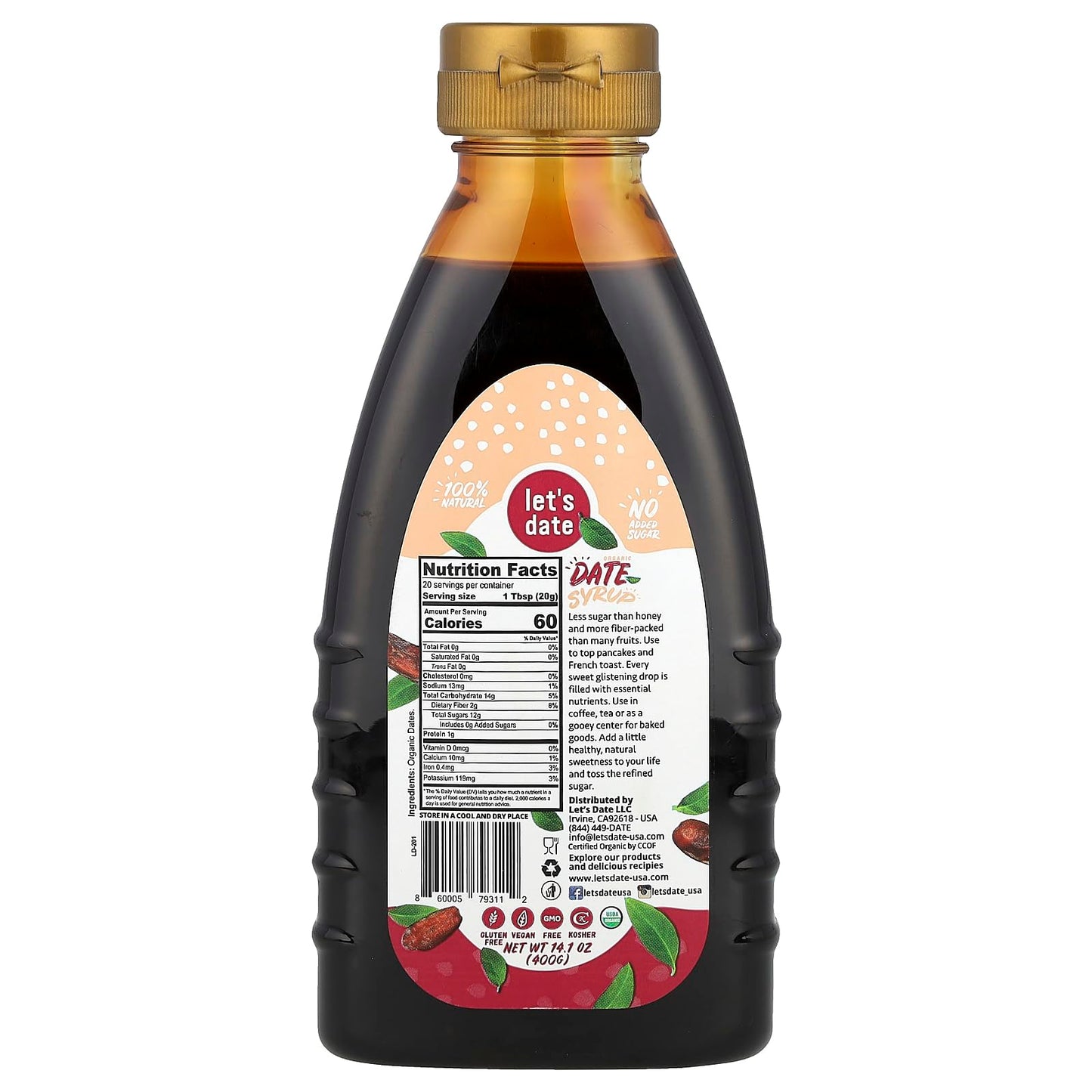 lets date Organic Date Syrup, Healthier Sugar Substitute, Vegan, 14.1 oz Squeezable Bottle