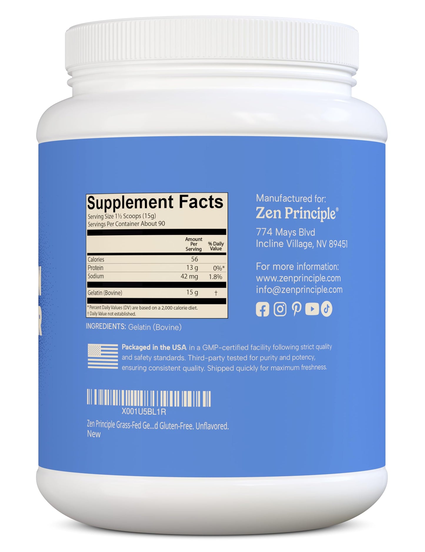 Zen Principle Grass-Fed Gelatin Powder, Unflavored, 3 lb, Paleo & Keto Friendly, Non-GMO, Gluten-Free