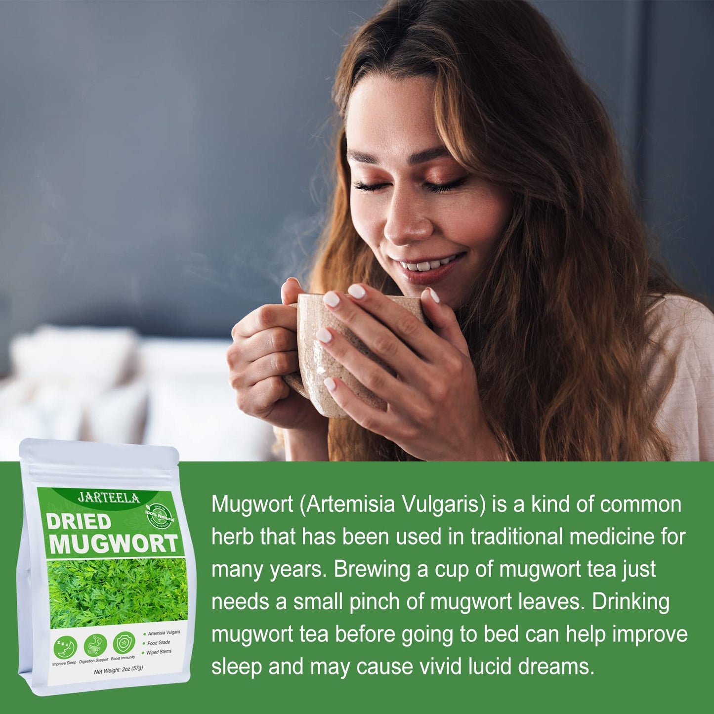 Jarteela Premium Dried Mugwort Herbs - 2oz Loose Leaf - Non-GMO, Caffeine-Free