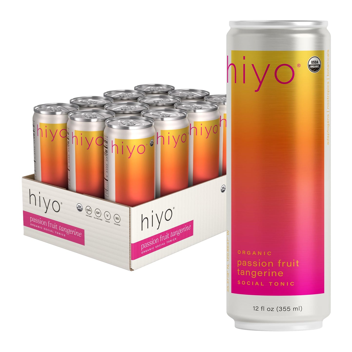 Hiyo Organic Social Tonic- Passion Fruit Tangerine  12 Pack - N.A. Functional Seltzer  Sparkling Water Crafted with Organic Adaptogens  Nootropics  & Botanicals