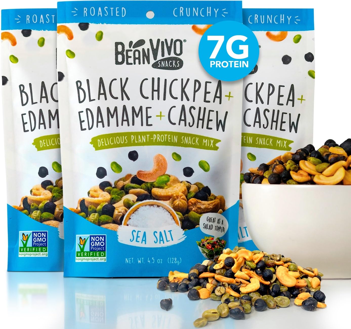 BeanVIVO Plant Based Protein Snacks - (7 Gram Protein) Sea Salt Flavor with Dried Edamame, Roasted Cashew and Chickpeas - Non-GM