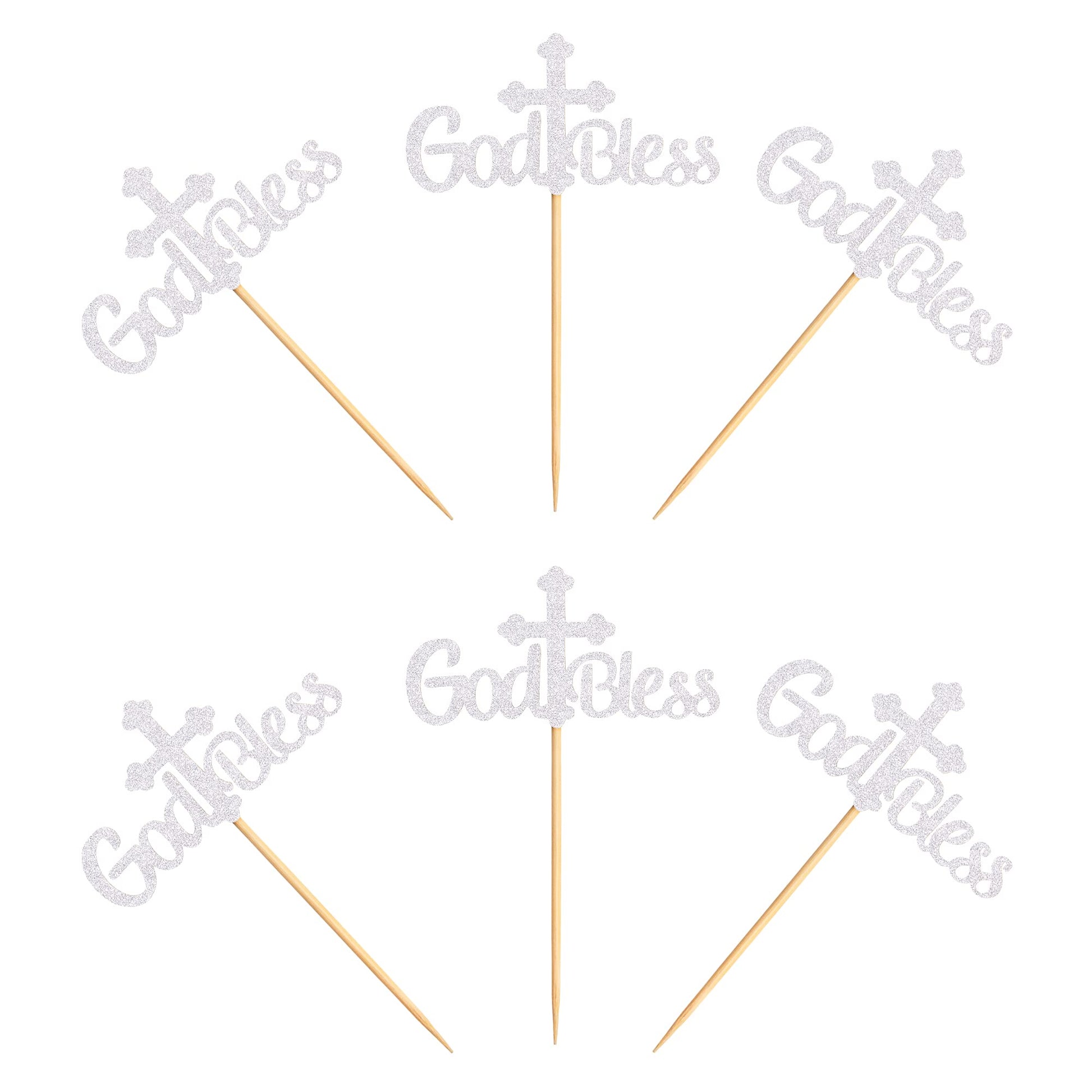 Ercadio Cupcake Toppers 36 Pack Silver Cross Glitter Baptism Decoration Small