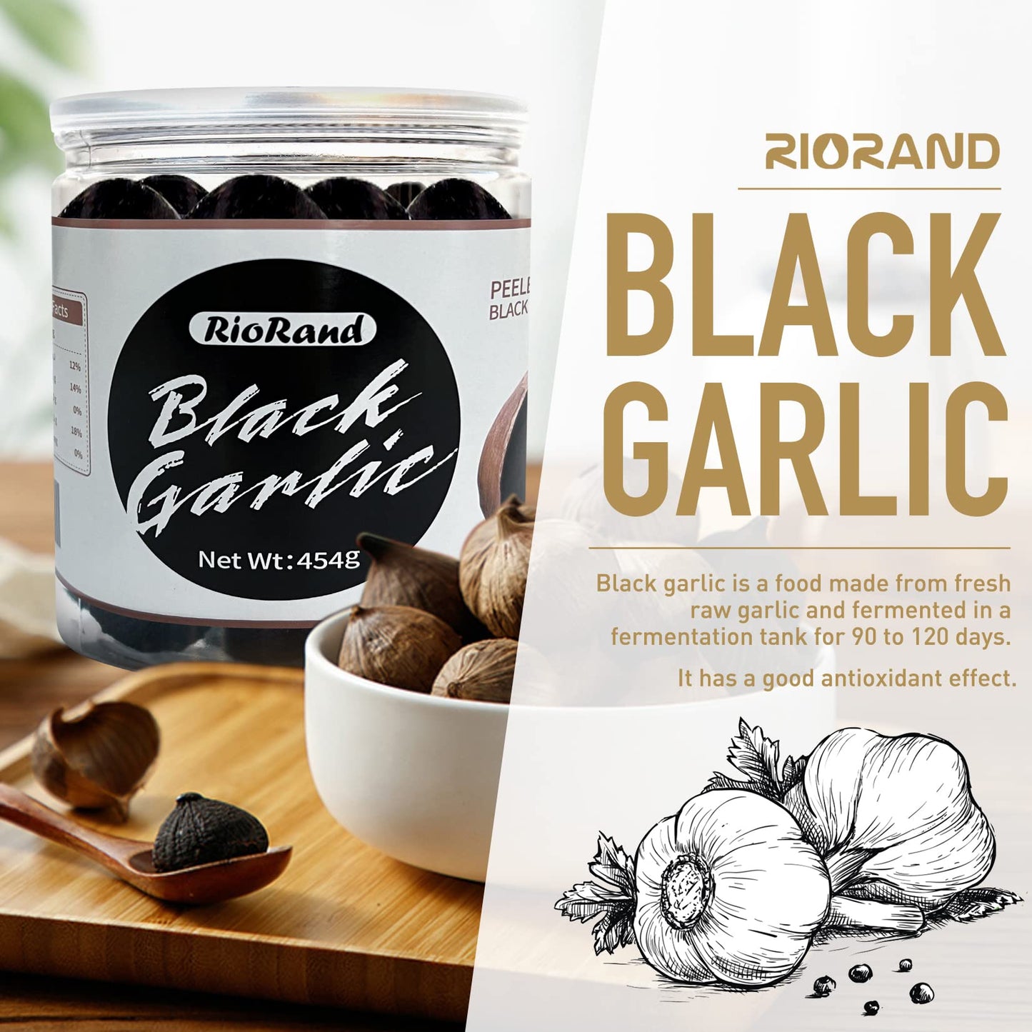 RioRand Black Garlic 454g / 1 Pound Whole Peeled Black Garlic Aged for Full 90 Days Black Garlic Jar Equal to 2lbs of Whole Blac