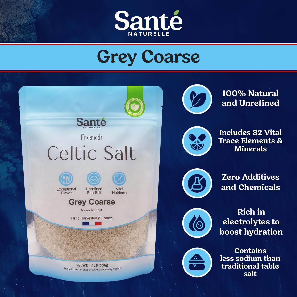Sante Naturelle Grey Coarse Sea Salt - Unrefined French Sea Salt, 18oz, Organic, Rich in 82+ Minerals, Hand Harvested
