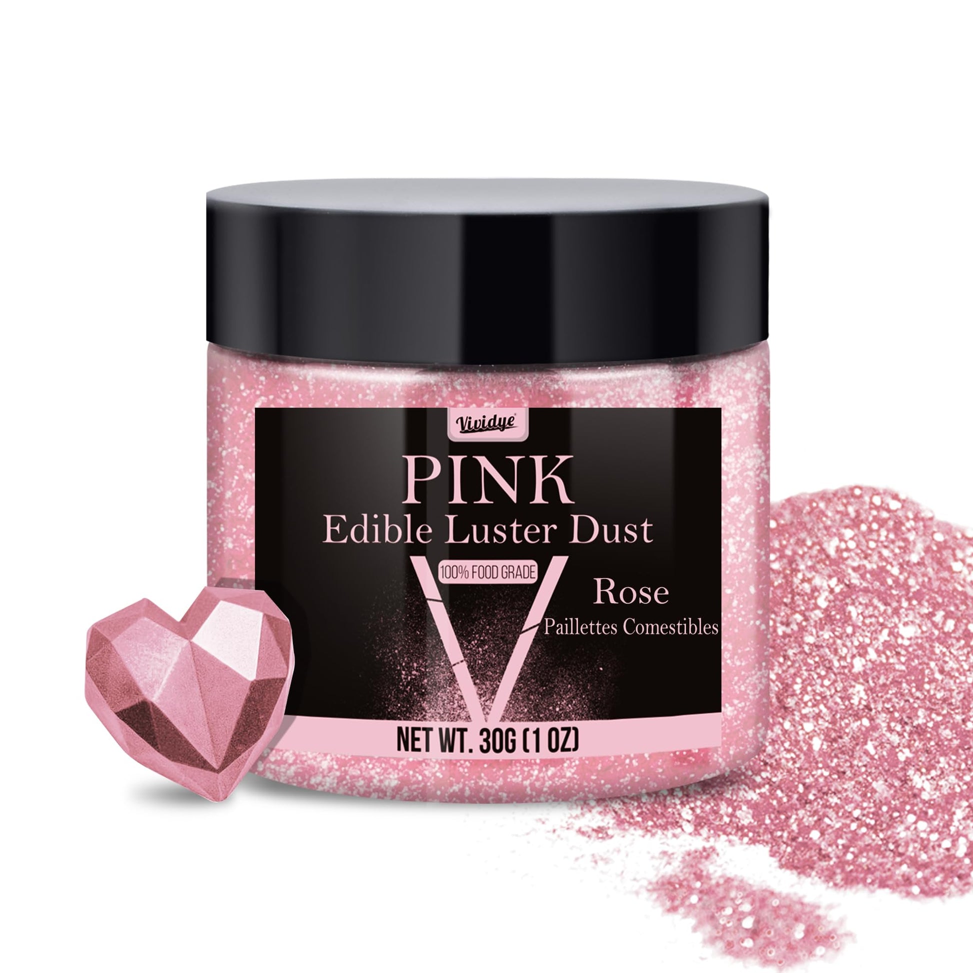 Vividye Edible Glitter Powder - Pink Luster Dust for Drinks & Baking, 30g