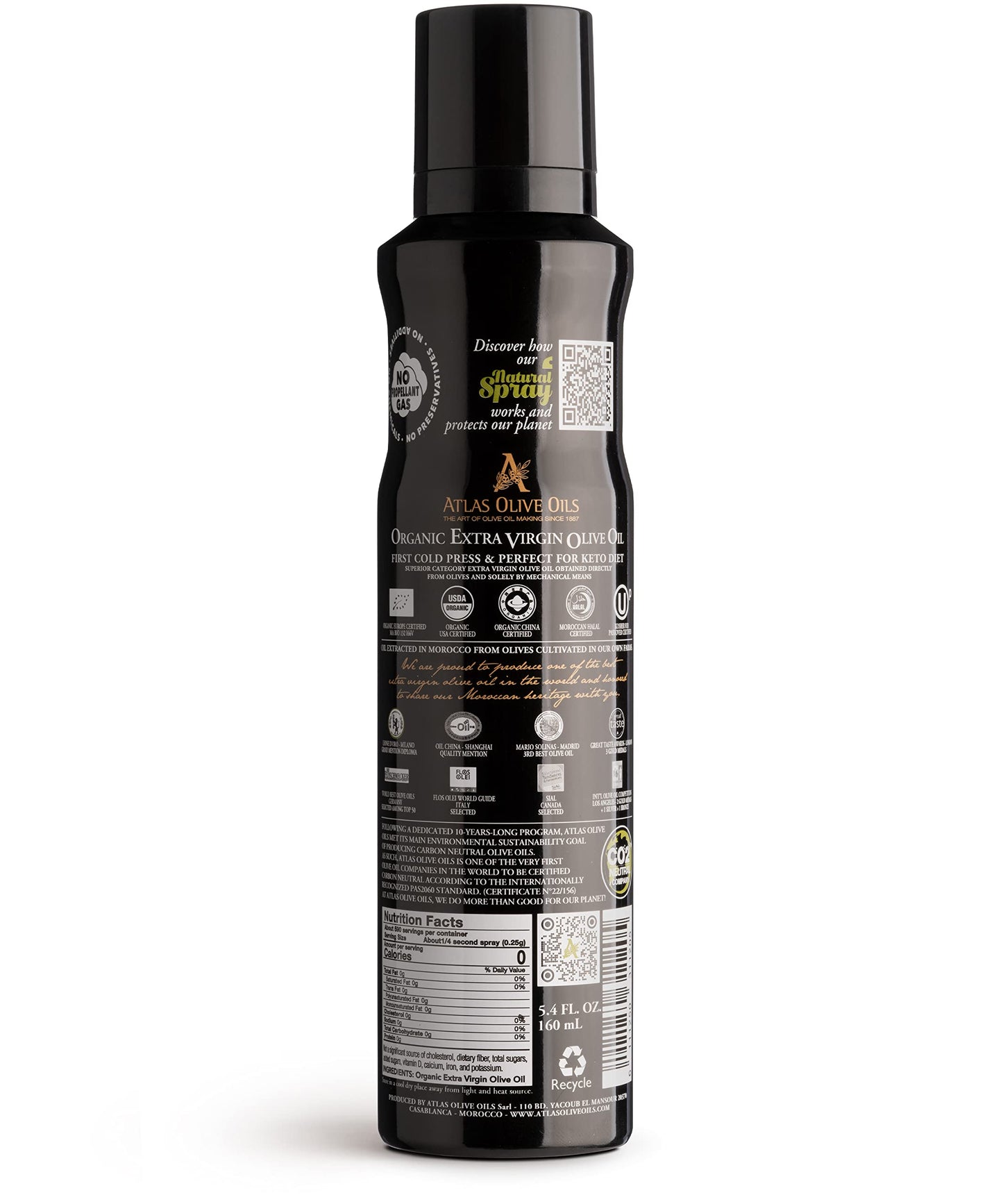 A ATLAS OLIVE OILS Organic Extra Virgin Olive Oil Spray, 5.4 fl oz, Cold Pressed, Polyphenol Rich, Non-Stick Cooking Spray