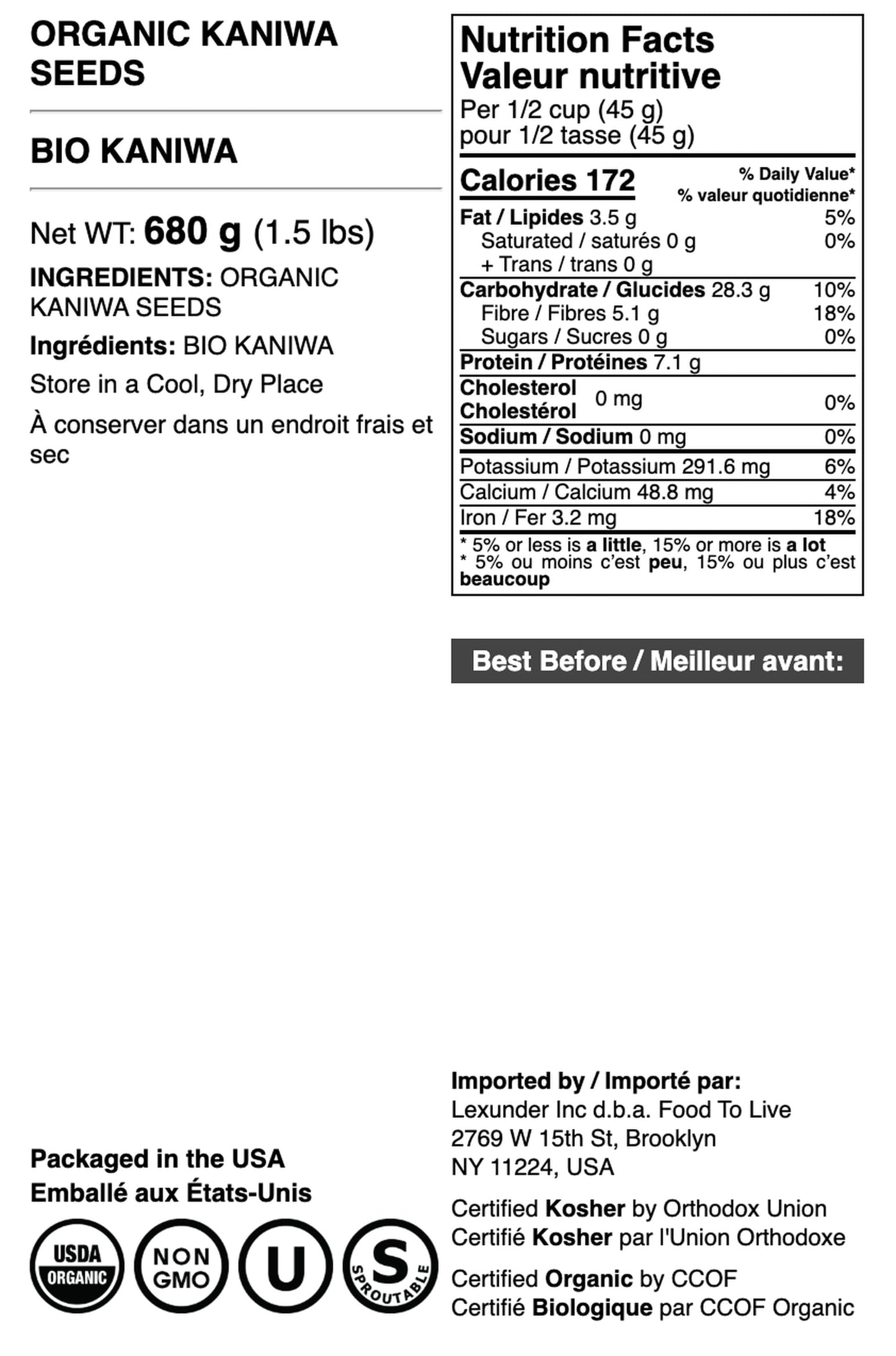 Food to Live Organic Kaniwa Seeds, Non-GMO, Vegan, 1.5 Pounds, Rich in Protein, Dietary Fiber, Bulk