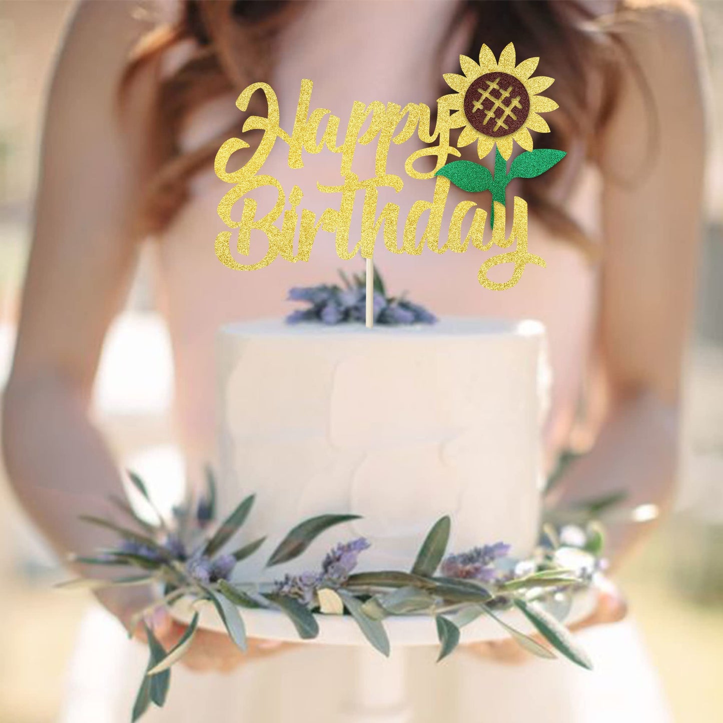 YCTHUNFISH Happy Birthday Cake Topper Glitter Sunflower Decoration for Kids Parties, Summer Baby Showers, 1 Pack