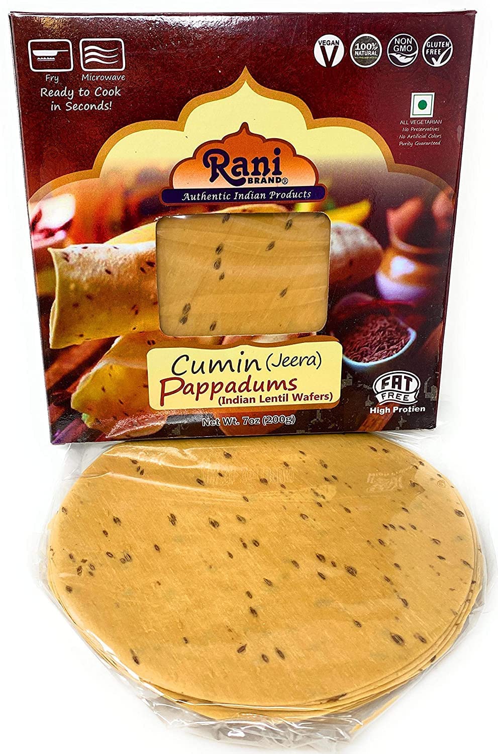 Rani Pappadums (Indian Lentil Wafer Snack) Jeera (Cumin) Papad 7Oz (200G) Approximately 15Pc, 7 Inches, Pack Of 2 ~ All Natural